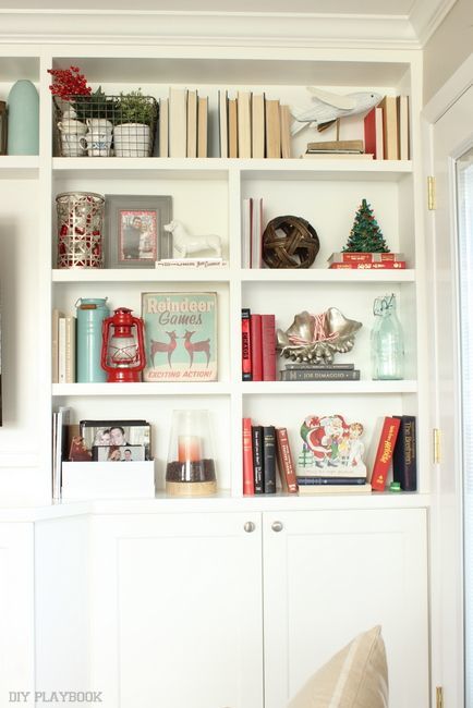 Change out Bookcase Decor to Holiday Decor