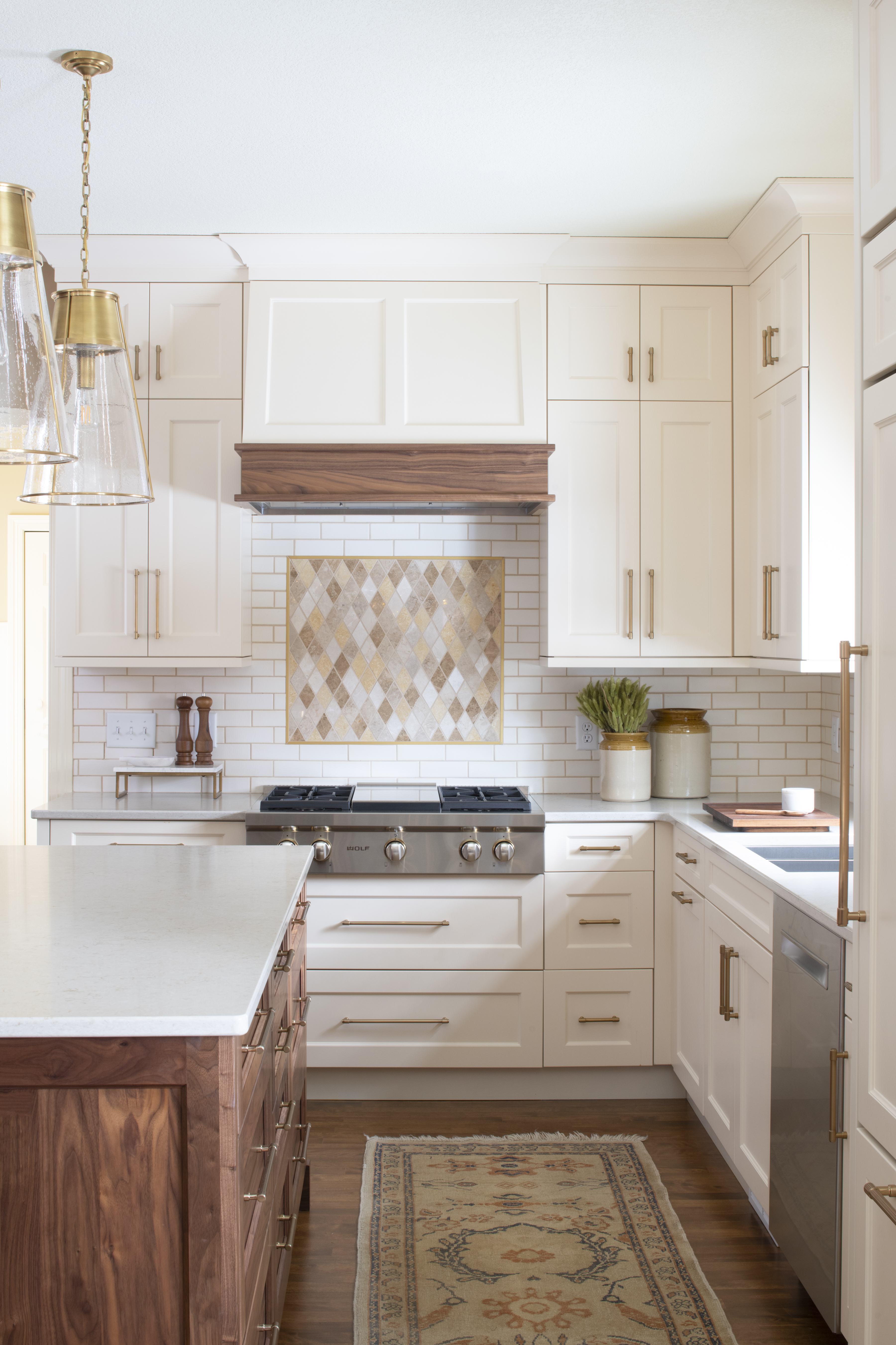 Walnut Kitchen with Painted Cream Cabinets Warm Kitchen