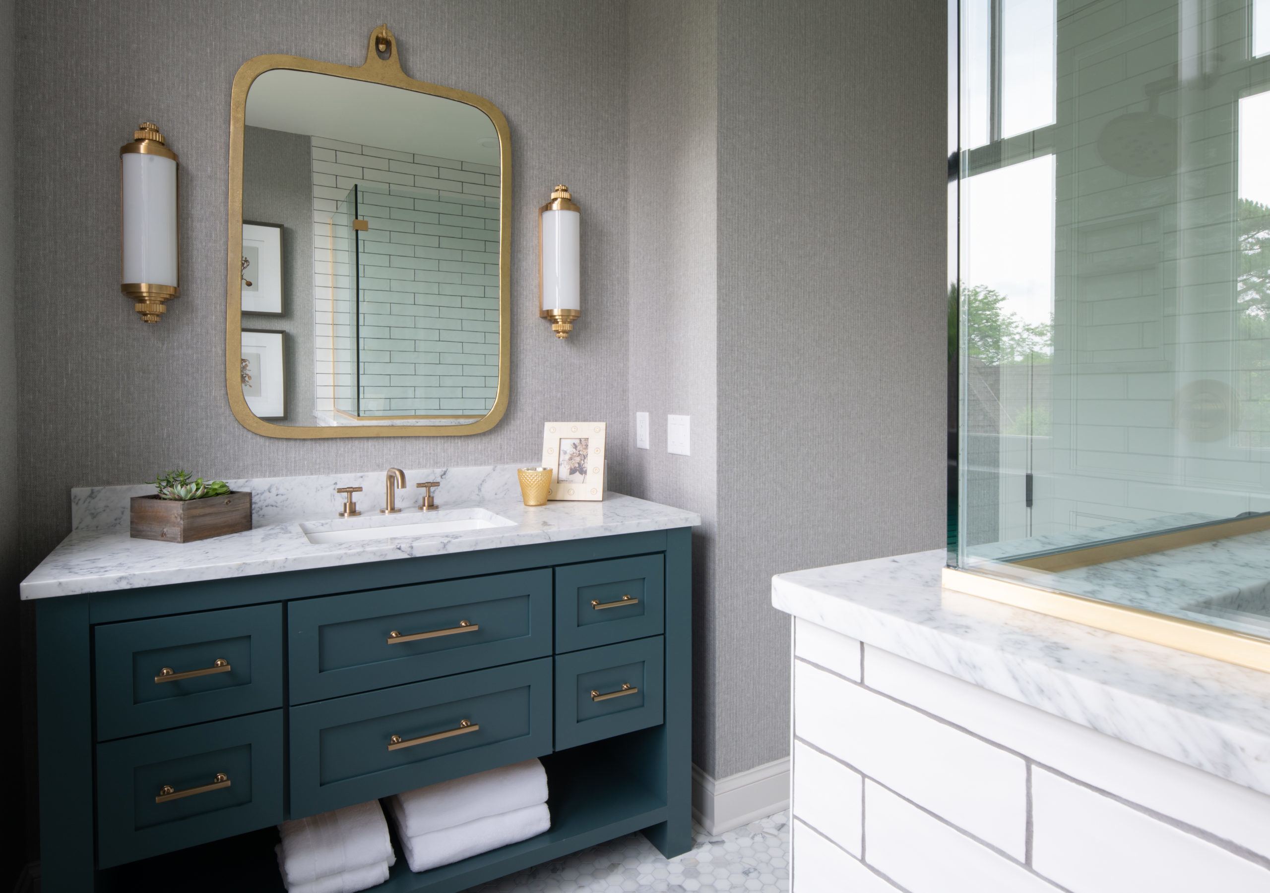 colorful bathroom vanity with gold accents
